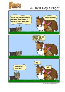 Frodo the Sheltie dog comic strip: Frodo and Nina are trying very hard to listen to their new friend Luke, but he's a little difficult to understand