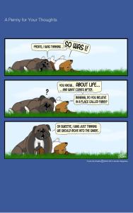 Frodo the Sheltie dog comic strip: Frodo and his Cousin Baiana are at her farm laying in the meadow talking about the meaning of life