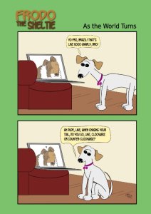 Frodo the Sheltie dog comic strip: Frodo is talking long distance to his Californian cousin, Bella. how do you chase your tail, clockwise or counter?