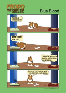 Frodo the Sheltie dog comic strip: Frodo as a puppy pees on Gord, but it's with respect, really.