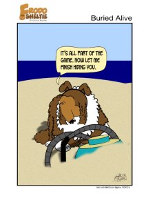 Frodo the Sheltie dog comic strip: Frodo is at the beach and he's burying the vacuum, saying, It's all part of the game. Now let me finish hiding you.