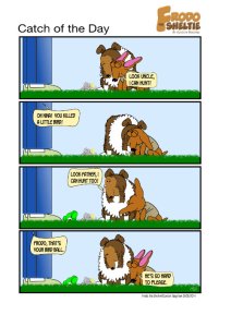 Frodo the Sheltie dog comic strip: Gord, Nina and Frodo are standing outside in the yard. Nina has brought a dead bird as a gift for Gord. Frodo brings his bird chew toy as a gift. He doesn't want to be left out.