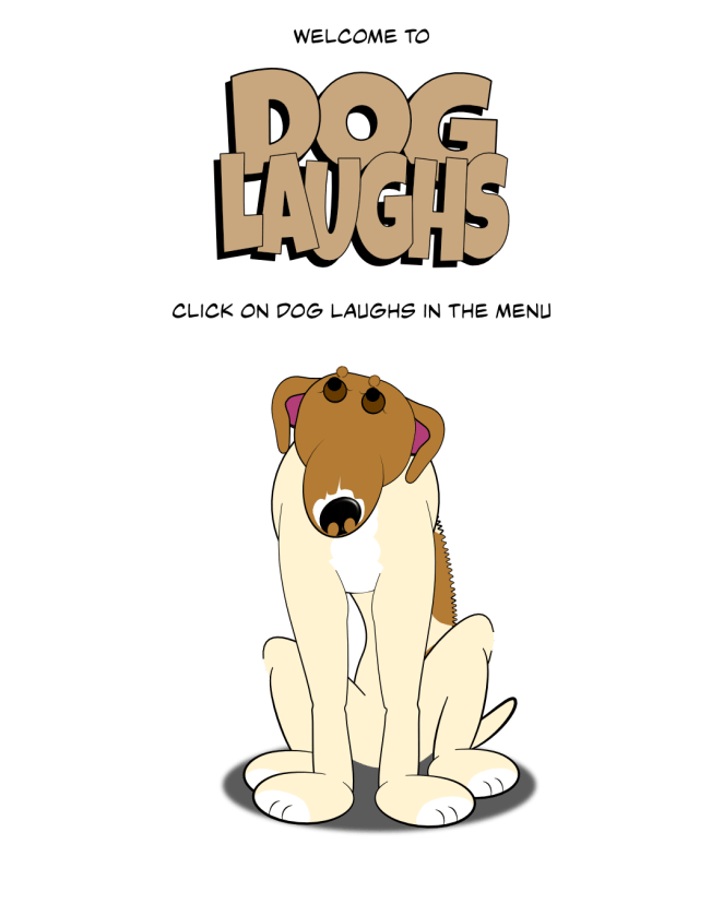 This is the welcome image for Dog Laughs. One of the comic strip characters, Amarela, a rhodesian ridgeback, is sitting, look upward at the menu bar inviting us to select Dog Laughs to enjoy the comic strip