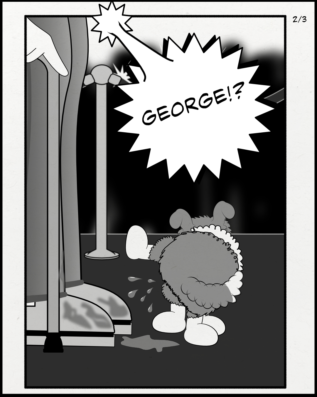 Panel 2 of 3 George continues to pee on Gord's shoes. Gord is shocked and shouts the puppy's name, George!?
