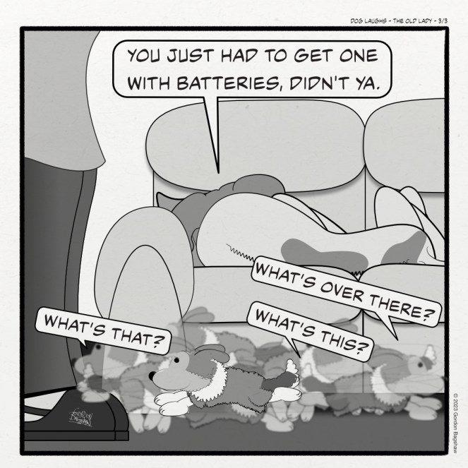 Panel 3 of 3: George, the sheltie puppy, is still running back and forth, showing no signs of stopping. Amarela simply turns to go back to sleep while saying to Momma, "You just had to get the one with batteries, didn't ya?"