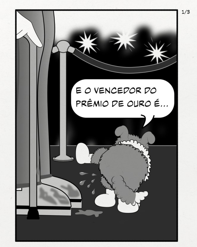 Painel 1 de 3 George, o filhote de sheltie, enquanto faz xixi nos sapatos de Gord diz,E o vencedor do prêmio de ouro é...