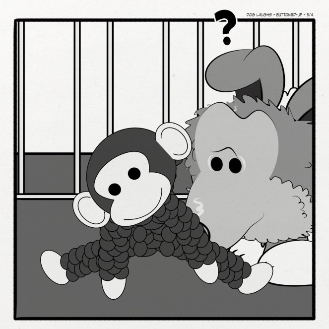 Panel 3: George is waiting patiently for answers he's been longing to know ever since his arrival, but the monkey isn't talking.