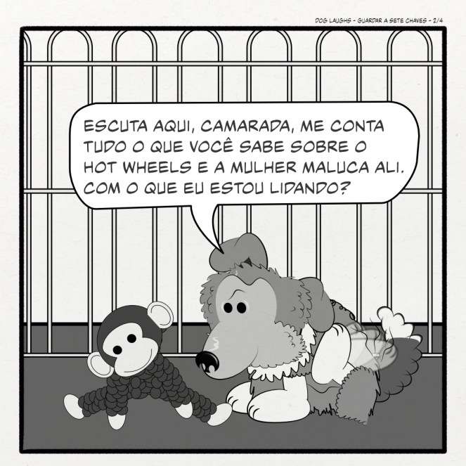 Painel 2: George está olhando para o macaco, avaliando a situação e acredita que é sua oportunidade de obter respostas, então pergunta ao macaco: 'Escuta aqui, camarada, me conta tudo o que você sabe sobre o Hot Wheels e a mulher maluca ali. Com o que eu estou lidando?'