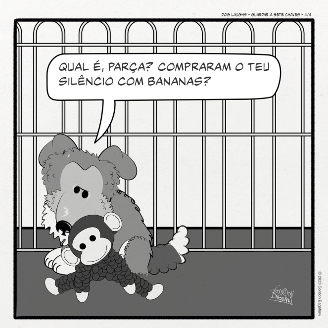 Painel 4: Perdendo a paciência com seu novo amigo, George chega a uma conclusão lógica sobre por que o macaco não está falando. O filhote de Sheltie continua a interrogar dizendo: 'Qual é, parça? Compraram o teu silêncio com bananas?'
