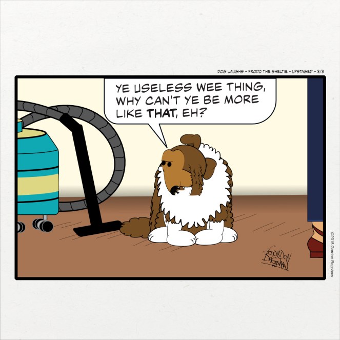 Third panel of 3 from the comic strip Dog Laughs, featuring Frodo the Sheltie, titled Upstaged. Created by Gordon Bagshaw. Frodo turns round and glares at the hoover."Ye useless wee thing," he says. "Why can't ye be more like that?"
