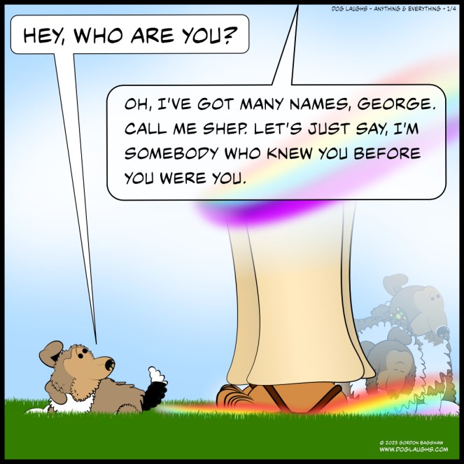 george the sheltie asks: "Who are you?" Sheph responses: "Oh, I’ve got many names, George. call me Shep. Let’s just say, I’m somebody who knew you before you were you."
