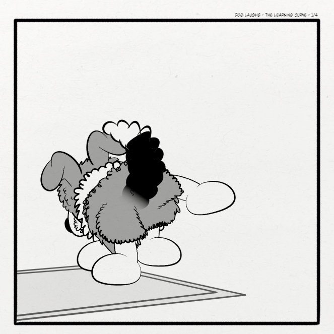 First panel of 4 from the comic strip Dog Laughs, titled The Learning Curve. Created by Gordon Bagshaw. In the panel, George the sheltie puppy is raising his leg to pee on the pee mat.