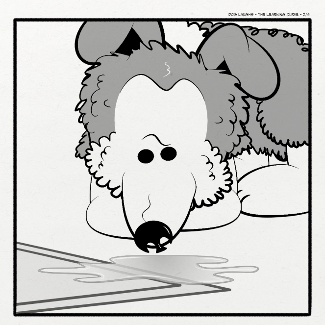 Second panel of 4 from the comic strip Dog Laughs, titled The Learning Curve. Created by Gordon Bagshaw. In the panel, George the sheltie puppy is sniffing where he peed.