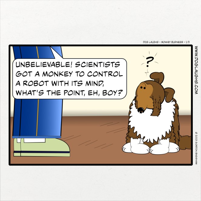 Gord says to his sheltie, Frodo, "Unbelievable! Scientists got a monkey to control a robot with its mind. What's the point, eh, boy?"